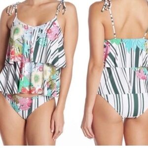 Johnny Was Floral Striped Layered Ruffled Bikini Top